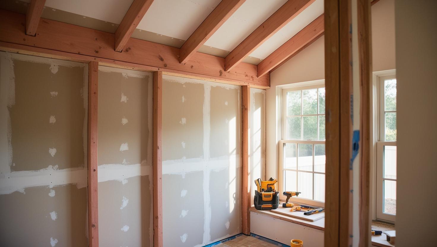 Photo of a living room renovation during the construction phase.